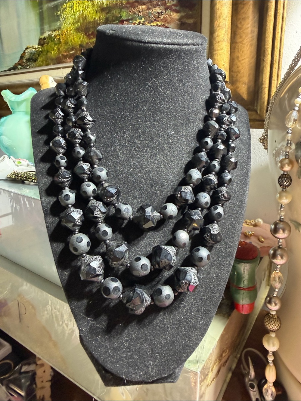 Vintage Western Germany Three Strand Black Beaded Necklace